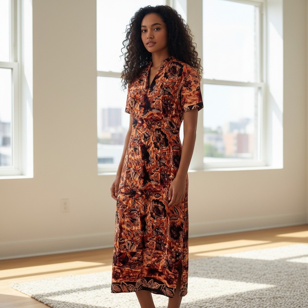 Donna Morgan 100% Silk Floral Batik Dress Burnt Orange Brown Mandarin Collar